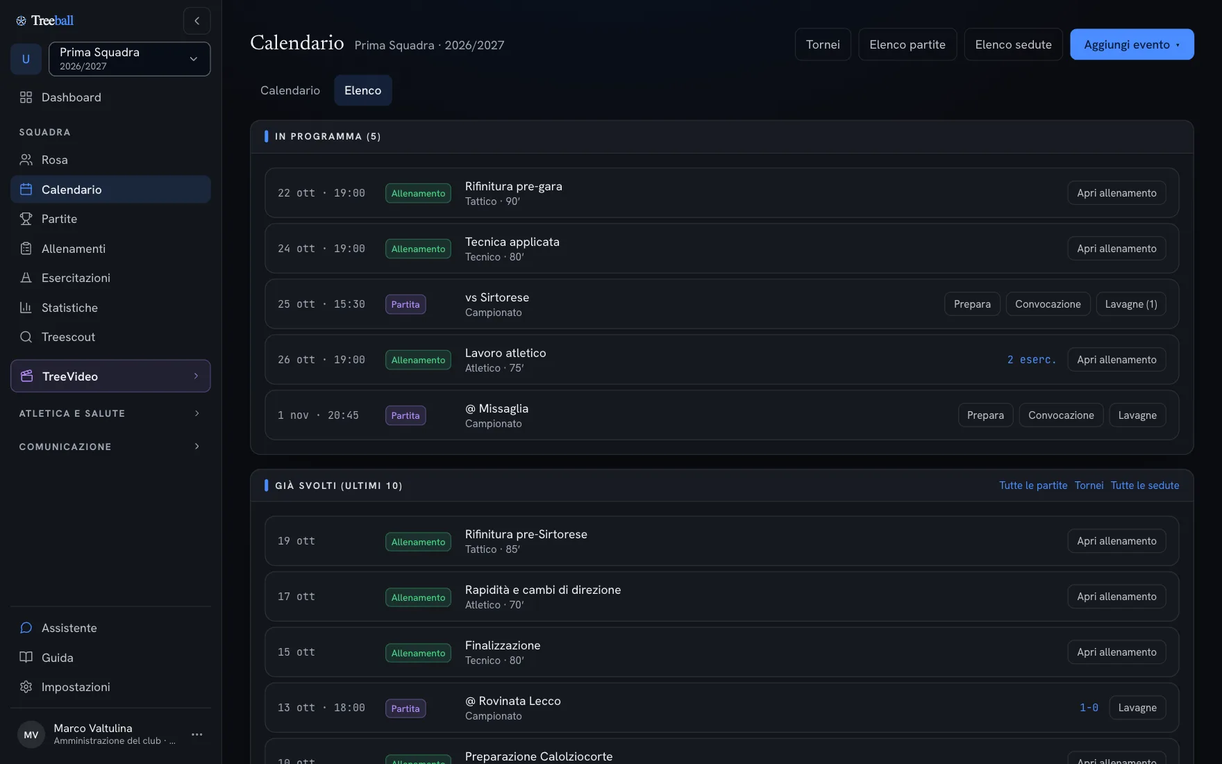 Calendario di Treeball in elenco, con partite e sedute in programma e già svolte
